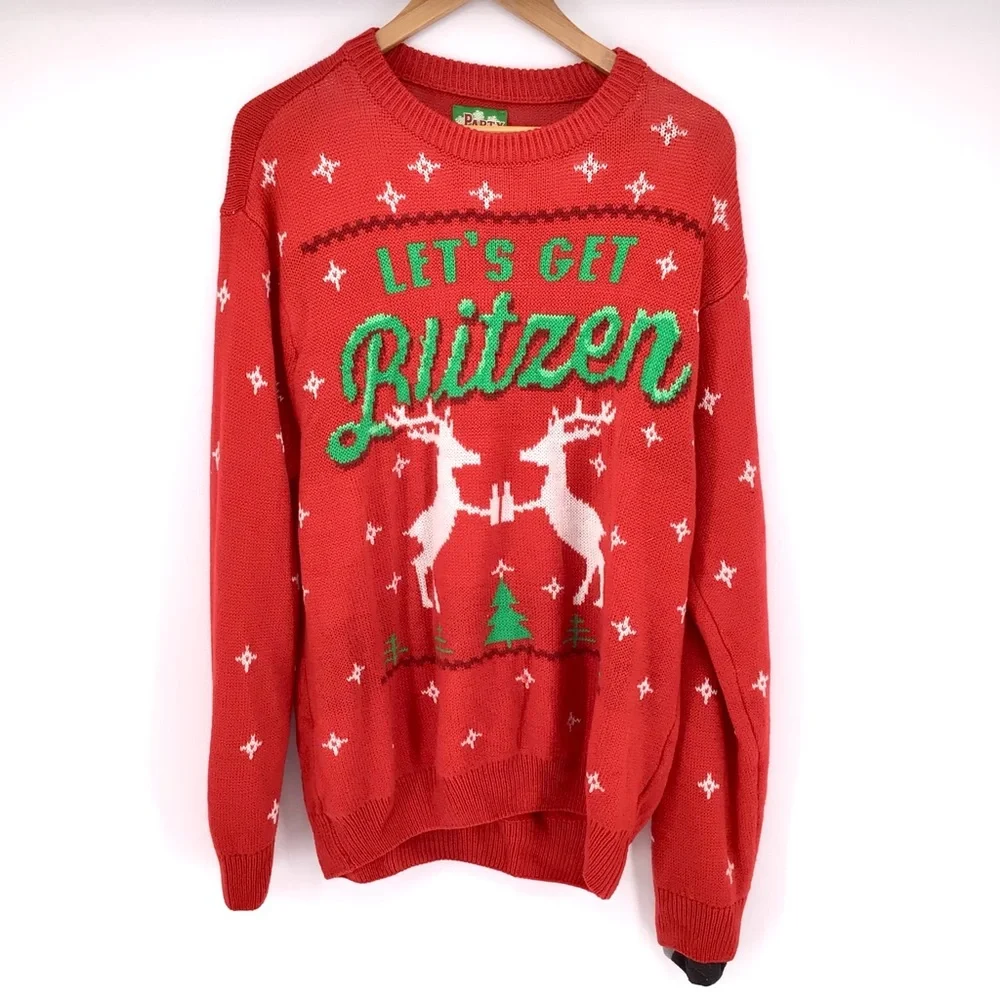 Party Sweater Red Crew Neck Lets get Blitzen Christmas L/S Sweater Size Large